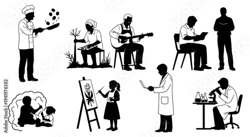 Set of 8 black silhouette occupation icons vector