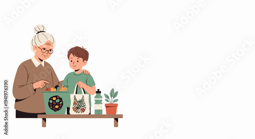 Illustration depicting grandchild gardening alongside grandmother, both engaging with potted plants on wooden shelf. Grandchild gardening includes learning about nature, caring for green foliage,