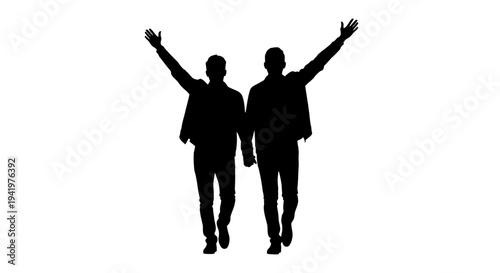 Vector silhouette of two people walking with arms raised