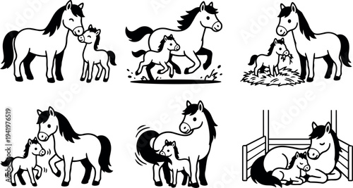 Black and white vector art showing cartoon mare and foal interacting in various playful and nurturing poses on white background