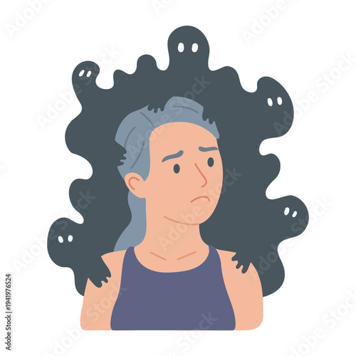 Young sad woman in fear with panic attack, stress, shock. Taking care of psychological health in case of anxiety, disorder, other mental problems. Shadow of fears. Vector illustration
