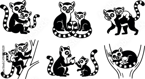 Black and white flat design vector art of adult lemur interacting with baby lemur in various poses hugging climbing and resting peaceful mood