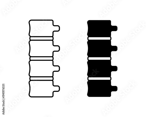 Spine segment icon set displaying outline and black of vertebrae. Medical anatomy, health, and skeletal system. Vector illustration