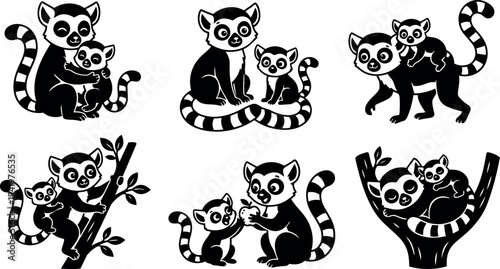 Vector flat design adorable smiling lemur mother and baby sitting climbing and playing with striped tail in playful natural poses