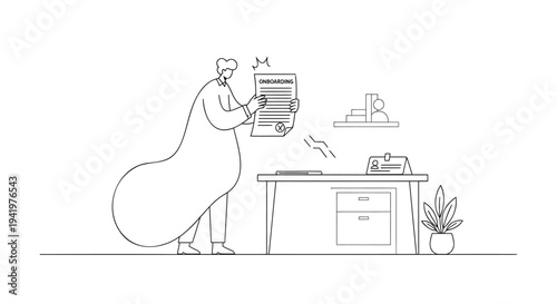 Vector illustration of a woman working at a desk with a laptop and plant