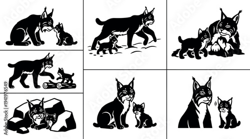 Black and white vector art of adult lynx interacting with playful lynx cubs in various poses and outdoor natural rocky environment minimalistic style