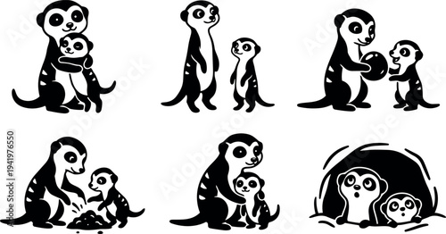 Minimalist black and white vector art of meerkat family in different poses including hugging standing playing and hiding in burrow