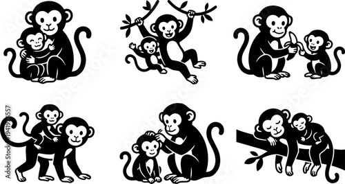 Black and white flat design vector monkeys playing climbing hanging hugging eating banana caring grooming resting on branch family