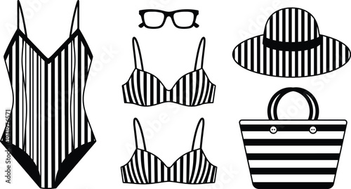 Collection of striped summer beach accessories icons, black and white vector illustration including swimsuit, bikini tops, sun hat, eyeglasses, and tote bag set