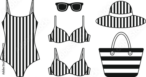 Collection of striped summer beach accessories icons, black and white vector illustration including swimsuit, bikini tops, sun hat, sunglasses, and tote bag set