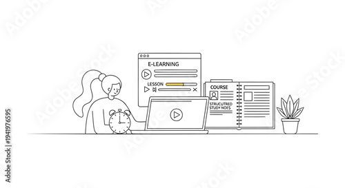 Vector illustration of woman using laptop for e-learning