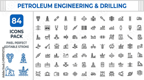 Petroleum Engineering and Oil Drilling Outline Vector Icon Set — Offshore Platform, Rig Equipment and Energy Production Icons
