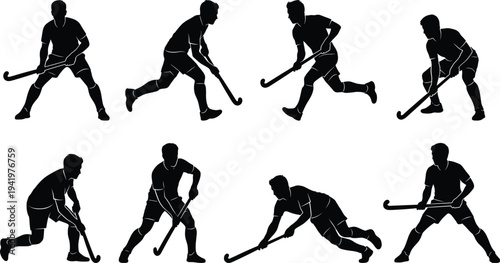 Field hockey player silhouettes in various action poses, professional athlete playing sport, black vector graphics isolated on white background, stick handling and game movements