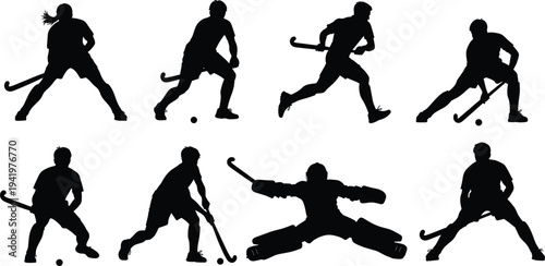 Set of field hockey player silhouettes including goalie and athletes in action, professional sports vector icons isolated on white, stick handling game moves