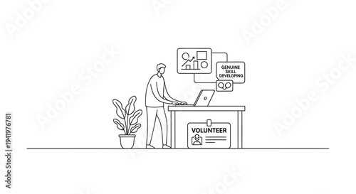 Vector illustration of a volunteer working on a laptop at a desk