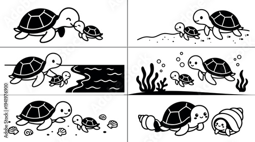 Cute smiling turtle family walking swimming and exploring underwater with baby turtle and hermit crab simple black line art vector