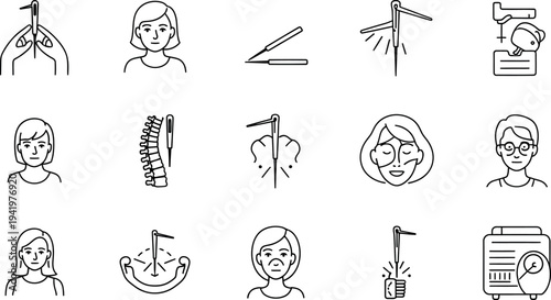 Professional outline icons showcasing various acupuncture treatments and alternative medicine practices for wellness and health therapy