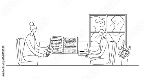 Vector illustration of two people sitting at a desk with laptop and newspaper