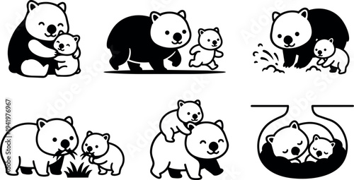 Cute black and white vector art of mother polar bear hugging baby polar bear sitting playing walking eating grass and sleeping in peaceful family scene