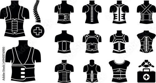 Orthopedic back support devices and medical spine health icons collection for pain relief and posture correction therapy