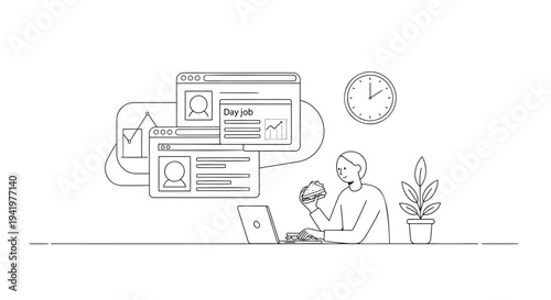 Vector illustration of a man working on laptop with social media and clock icons