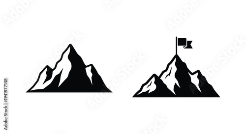 Two mountain peaks with a flag simple black graphic silhouette