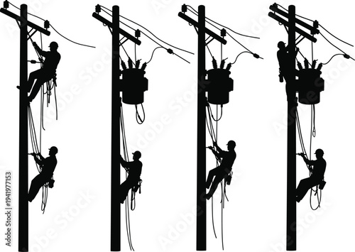 Utility worker silhouette, electrical pole maintenance, lineman climbing, black vector, safety gear, infrastructure repair, power line technician