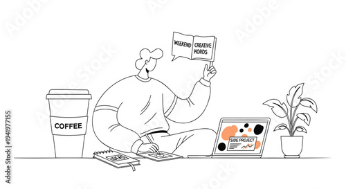 Vector illustration of a man working on laptop with coffee and plant