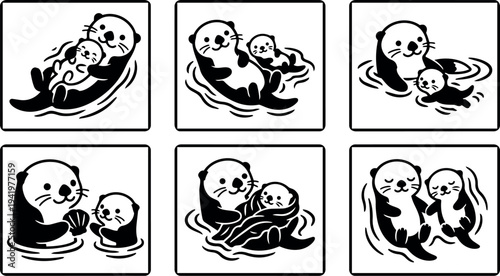Black and white minimalist vector art of mother otter holding baby otter swimming and playing in water cute animal family illustrations