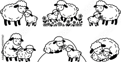 Cute black and white vector art of sheep and lamb caring nurturing playing with flowers brushing on grassy hill animal family scenes