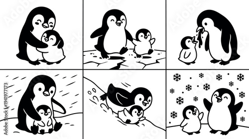 Cute black and white flat design baby penguin hugging parent sliding on ice snowy background playful cartoon vector art