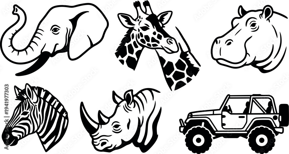 Fototapeta premium Black and white vector art of african animals and safari jeep featuring elephant giraffe hippo zebra rhino side views