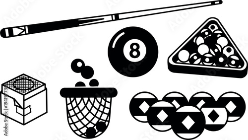 Black and white flat design billiard balls cue stick triangle rack chalk cube set with net pocket vector art