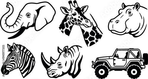 Black and white vector art of african animals and safari jeep featuring elephant giraffe hippo zebra rhino side views