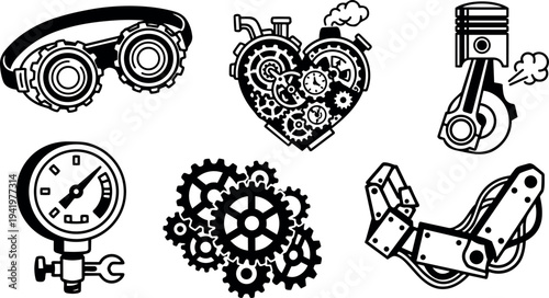 Black and white vector art of mechanical goggles heart with gears piston arm and speedometer industrial engineering symbols