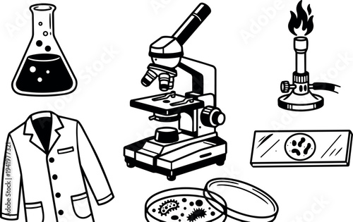 Black and white line art scientific laboratory equipment including microscope flask petri dish lab coat and burning bunsen burner
