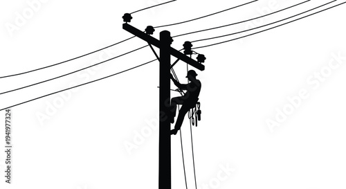 Utility worker silhouette, lineman climbing pole, power line maintenance vector, electricity infrastructure artwork, black design icon, engineering safety illustration, energy distribution graphic