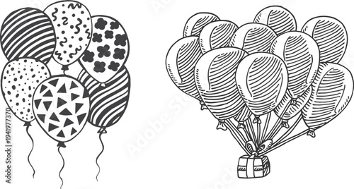 Hand Drawn Balloon Clipart Set – Outline and Sketch Style Inflatable Balloons on String with Card, Black Outline Cartoon Bunch Vector Illustration