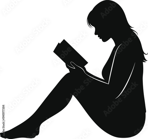 Girl reading a novel in relaxed sitting position, lifestyle vector silhouette.