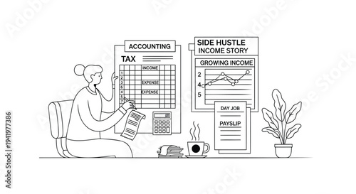 Vector illustration of a woman working on accounting and side hustle income