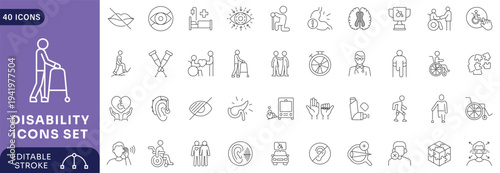 Disability icon set. featuring of physical and mental development, assistive devices, Etc .Fully Editable. Vector illustration.