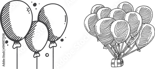 Hand Drawn Balloon Vector Set – Sketch Style Inflatable Balloons on String with Line Icon, Editable Stroke, Isolated on White Background Illustration