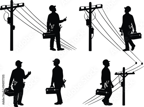 Utility worker silhouette, power line inspection, electrical maintenance, toolbox repair, safety gear, urban infrastructure, service work illustration