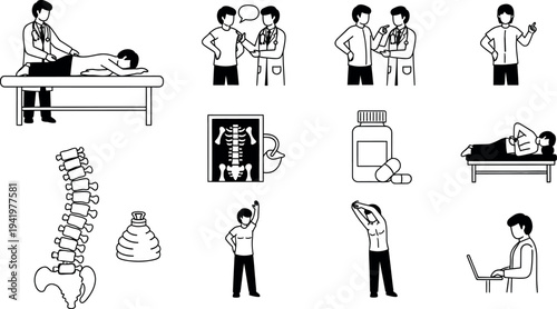 Healthcare medical professional checkup and patient treatment outline icon set depicting doctor consultation physical examination and diagnostic tools