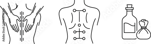 Holistic wellness and therapy icons representing back massage acupuncture points and natural essential oil remedies