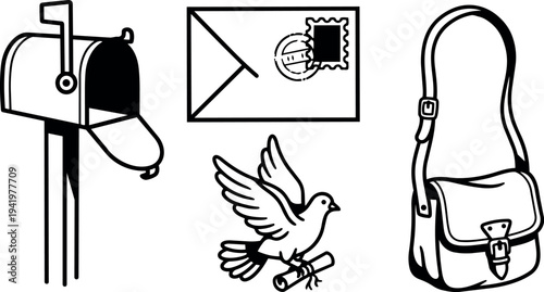 Black and white vector mail icons including open mailbox flag up envelope with stamp flying pigeon carrying letter and satchel bag with buckle strap