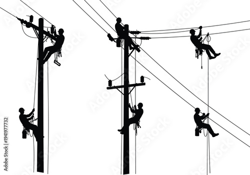 Utility worker silhouette, power pole climbing, electrical line repair, safety harness, maintenance service, urban infrastructure, repair work illustration