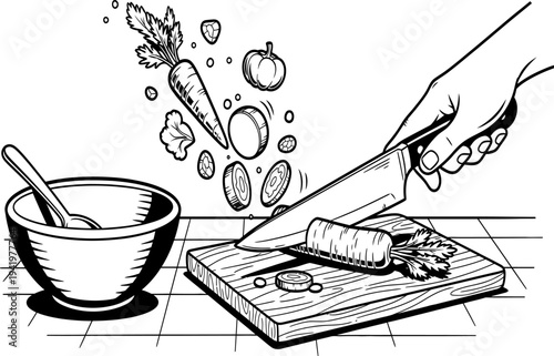 Chopping herbs on a cutting board with a mortar and pestle