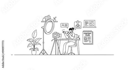Vector illustration of a person working at a desk with a laptop and camera