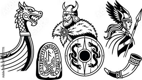 Black and white viking warrior with horned helmet shield runic stone dragon head longship prow valkyrie female warrior spear and drinking horn vector art